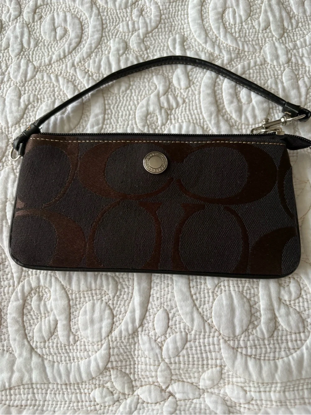 Coach Dark Brown Signature Canvas Wristlet Clutch